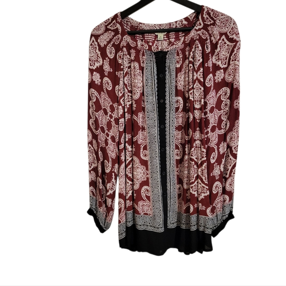 Lucky Brand Red Paisley Boho Long Sleeve Blouse